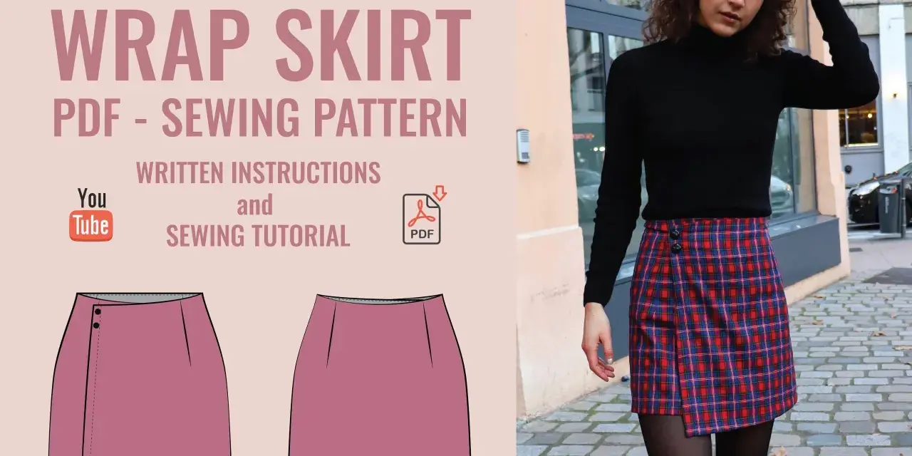 Patrón de falda pareo fácil, con instrucciones escritas y tutorial de costura en PDF. Una modelo luce una falda a cuadros.