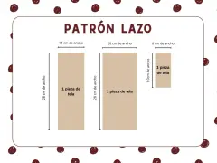Patrón para crear lazos de cinta para niñas. Muestra tres piezas de tela con medidas: 28x14 cm, 28x20 cm y 10x6 cm.