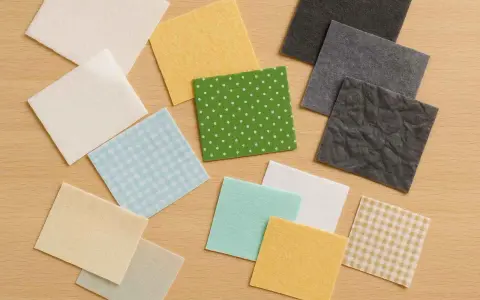 Variedad de retazos de tela, algunos con estampados de puntos y cuadros, otros lisos en tonos pastel y grises. Un tejido fuerte empleado para entretelas.