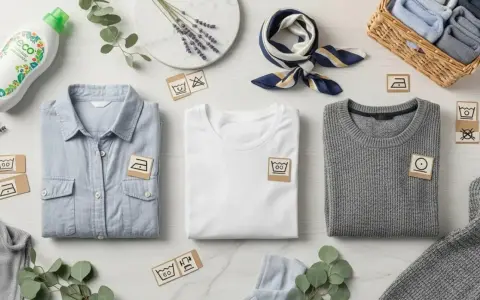 Ropa doblada, jabón ecológico y símbolos de lavado. El algodón stretch, con su significado de comodidad y adaptabilidad, se muestra en esta escena.