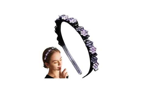 Diadema negra con flores de pedrería morada, ideal para peinados elegantes. Aprende como hacer diademas con puntillas para un toque chic.
