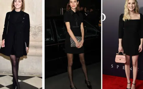 Tres mujeres lucen elegantes vestidos negros. Ideas para como adornar un vestido negro liso: bolsos chic, medias y tacones.