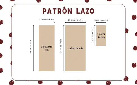 Patrón para crear lazos de cinta para niñas. Muestra tres piezas de tela con medidas: 28x14 cm, 28x20 cm y 10x6 cm.