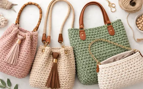 Bolsos de ganchillo con borlas y asas de cuero. Un bolso verde grande y uno blanco pequeño con cadena dorada. La costura provisional a punto largo es visible en todos.