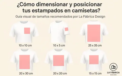 Guía visual de dónde poner el logo en una camiseta. Muestra diferentes tamaños y ubicaciones para estampados en camisetas blancas.