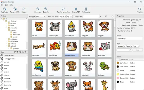 Organizador de bordados con diseños de animales. El archivo dst "guinea-pig.pes" se muestra en el panel de vista previa.