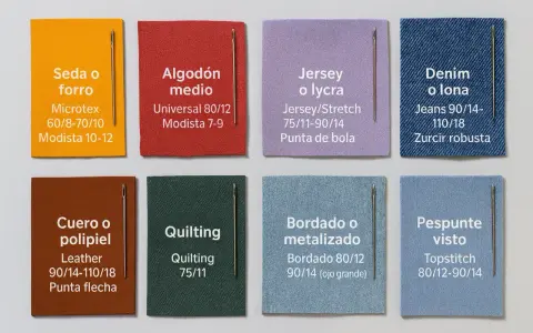 Muestras de tela con diferentes tipos de agujas para costura: seda, algodón, jersey, denim, cuero, quilting, bordado y pespunte.
