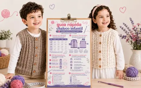Niños sonriendo, uno con chaleco tejido marrón, otro con chaleco tejido crema. Un cartel muestra la guía rápida de patron chaleco niño.