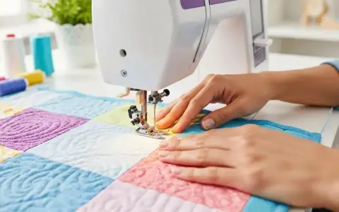 Manos cosiendo un quilt colorido con máquina de coser. La tela waterproof se ve resistente y lista para cualquier proyecto.