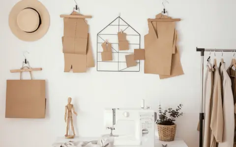 Patrones de papel marrón colgados en la pared, como se llama el papel para hacer patrones. Máquina de coser y ropa en un perchero.