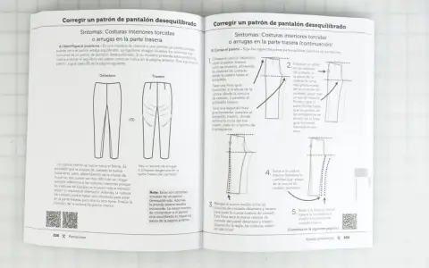 Diagramas y texto explican cómo corregir el vocabulario de costura en patrones de pantalones desequilibrados, mostrando cómo ajustar costuras para evitar arrugas.