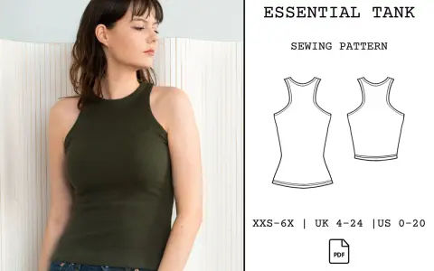 Patron camiseta tirantes mujer "Essential Tank". Incluye tallas XXS-6X, UK 4-24, US 0-20.