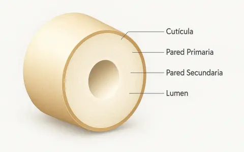 Corte transversal de una fibra de algodón, mostrando la cutícula, pared primaria, pared secundaria y lumen. Así es de que está hecho el algodón.