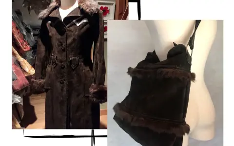 Abrigo largo de gamuza marrón con detalles de pelo, ideal para aprender como tunear un abrigo viejo y darle un toque único.