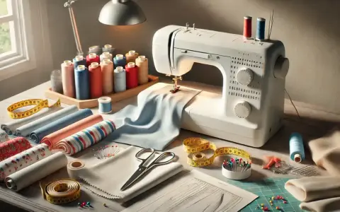 Máquina de coser, hilos de colores, telas y tijeras listos para coser ropa.