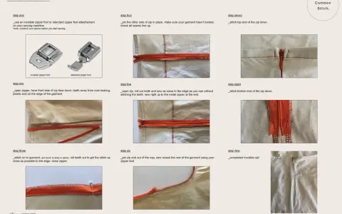Guía paso a paso para **poner cremallera** invisible en prendas de vestir, mostrando los accesorios de costura y el proceso de sujeción y costura.