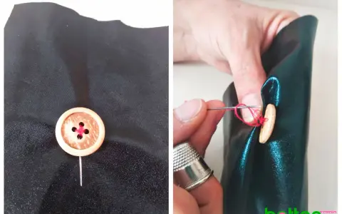 Demostración de cómo coser un botón de madera a tela negra con hilo rojo. Se ve el botón ya fijado y luego el proceso de coserlo.