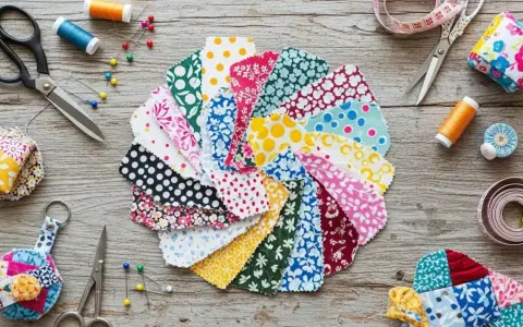 Telas de colores y patrones vibrantes, tijeras, hilos y alfileres listos para dar vida a proyectos de costura creativa.