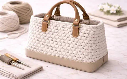 Bolso tejido a mano con asas de cuero. La tela para bolsos es de color crema, con base de cuero beige. A su lado, ovillos de lana y herramientas de costura.