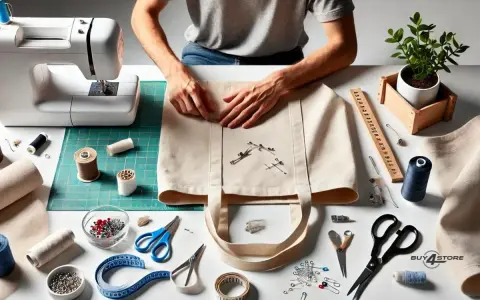Manos cosiendo un bolso de mano de tela, con máquina de coser, hilos, tijeras y alfileres.