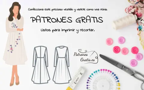 Ilustración de un vestido con flores, patrones de vestidos, tijeras, botones y cinta métrica.