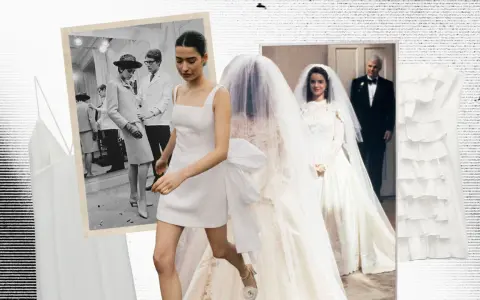 Ideas para decorar vestidos: collage de moda con vestidos blancos, novias y un desfile vintage.