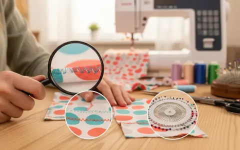 Detalle de puntadas de zigzag en tela con lunares, ideal para aprender como coser tul a mano. Máquina de coser y hilos de colores al fondo.