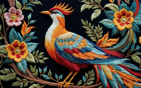 Pájaro vibrante rodeado de flores y hojas, un ejemplo de bordados modernos llenos de color y detalle.