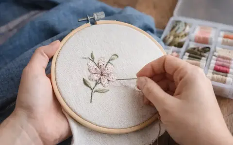 Manos delicadas bordando una flor con hilo rosa y verde sobre tela clara, usando un bastidor. A un lado, una caja con carretes de hilo.