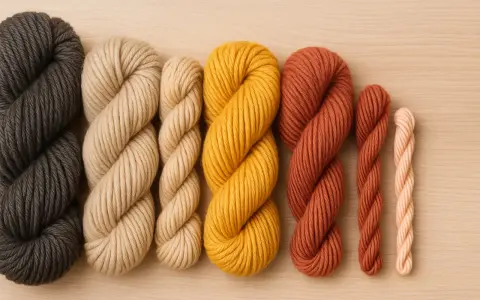 Ovillos de lana de diferentes grosores y colores: gris oscuro, beige, amarillo mostaza, terracota y rosa pálido. El hilo parece ser de lana, de que esta hecho el hilo.