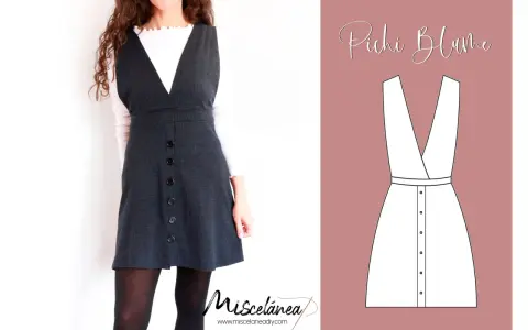 Patrón de pichi mujer con botones frontales y escote en V. Ideal para crear un look moderno y chic.