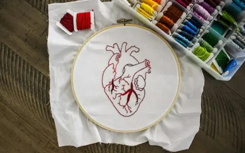 Un corazón bordado en tela blanca, listo para aprender a bordar. Hilos rojos y una caja de hilos de colores completan la escena.