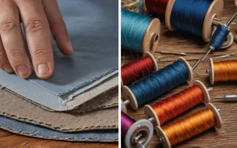 Mano sobre telas azules y marrones, junto a carretes de hilo de colores vibrantes, listos para aprender como coser un agujero a mano.