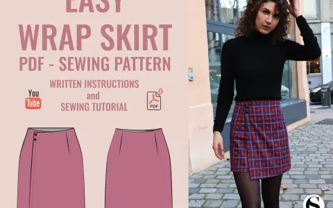 Patrón de falda pareo fácil, con instrucciones escritas y tutorial de costura en PDF. Una modelo luce una falda a cuadros.