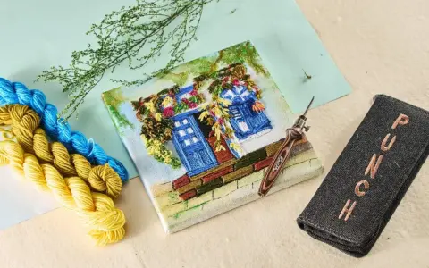 Agujas para bordar en bastidor, hilos de colores y un estuche con la palabra "PUNCH".