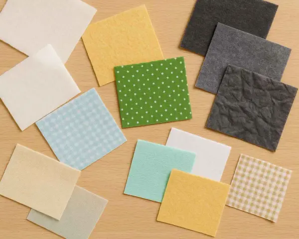 Variedad de retazos de tela, algunos con estampados de puntos y cuadros, otros lisos en tonos pastel y grises. Un tejido fuerte empleado para entretelas.