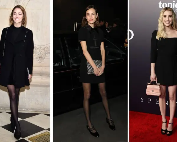 Tres mujeres lucen elegantes vestidos negros. Ideas para como adornar un vestido negro liso: bolsos chic, medias y tacones.