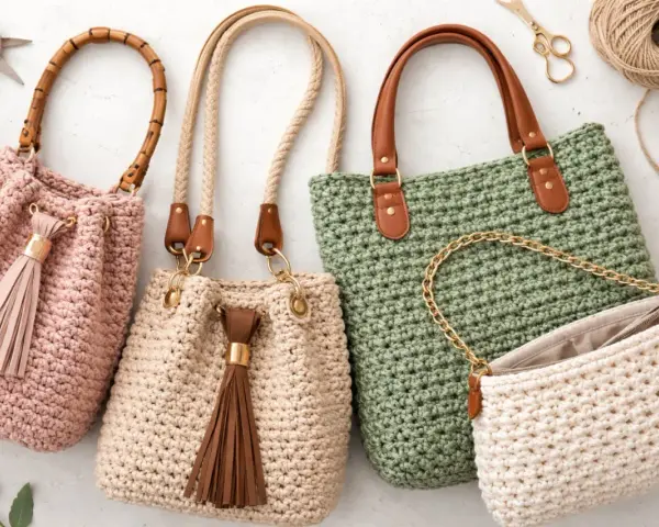 Bolsos de ganchillo con borlas y asas de cuero. Un bolso verde grande y uno blanco pequeño con cadena dorada. La costura provisional a punto largo es visible en todos.