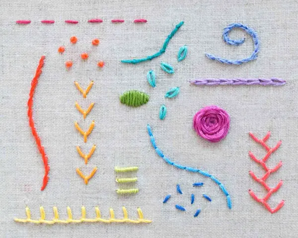 Ejemplos de puntadas para bordado principiantes: líneas, puntos, flechas, espirales y una flor.