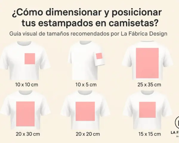 Guía visual de dónde poner el logo en una camiseta. Muestra diferentes tamaños y ubicaciones para estampados en camisetas blancas.