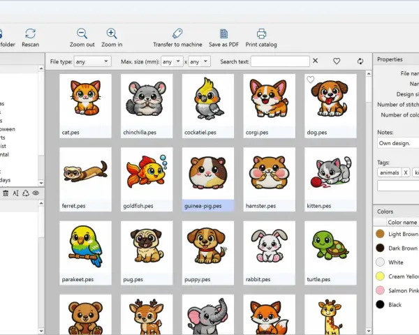 Organizador de bordados con diseños de animales. El archivo dst "guinea-pig.pes" se muestra en el panel de vista previa.
