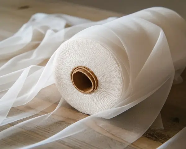 Rollo de organza blanca, mostrando diferentes tipos de organza para manualidades y decoración.