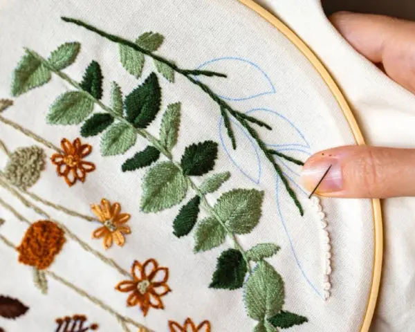 Manos creando bellas ideas para bordar: hojas verdes y flores naranjas en tela, con aguja e hilo listos para continuar.
