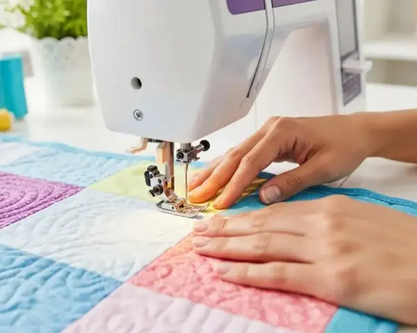 Manos cosiendo un quilt colorido con máquina de coser. La tela waterproof se ve resistente y lista para cualquier proyecto.