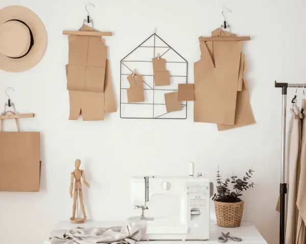 Patrones de papel marrón colgados en la pared, como se llama el papel para hacer patrones. Máquina de coser y ropa en un perchero.
