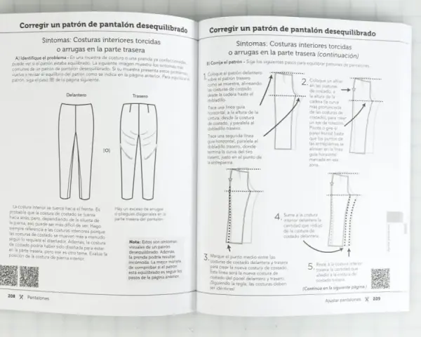 Diagramas y texto explican cómo corregir el vocabulario de costura en patrones de pantalones desequilibrados, mostrando cómo ajustar costuras para evitar arrugas.