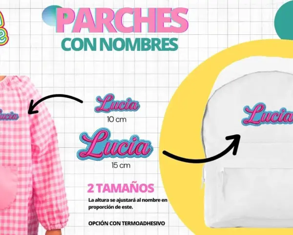 Parches con nombres bordados para pegar con plancha. Personaliza tu ropa y mochila con el nombre "Lucia" en dos tamaños. ¡Vuelta al cole fácil!