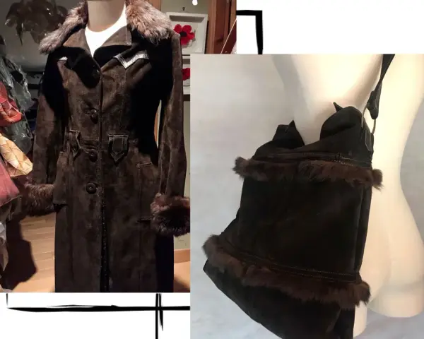Abrigo largo de gamuza marrón con detalles de pelo, ideal para aprender como tunear un abrigo viejo y darle un toque único.