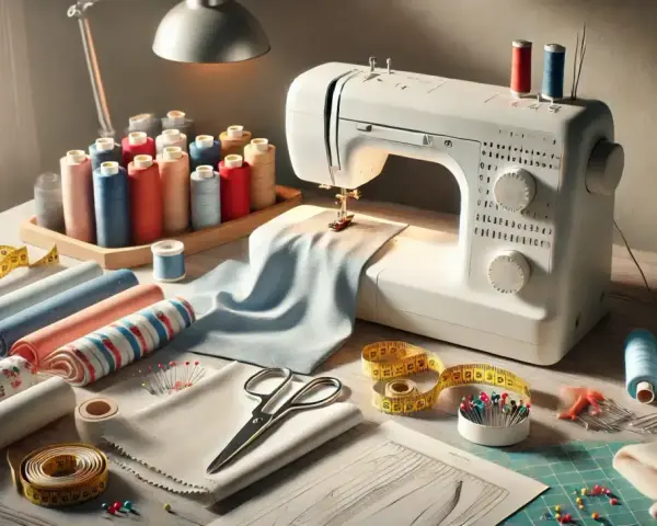 Máquina de coser, hilos de colores, telas y tijeras listos para coser ropa.