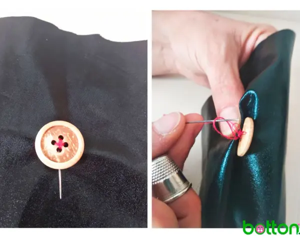 Demostración de cómo coser un botón de madera a tela negra con hilo rojo. Se ve el botón ya fijado y luego el proceso de coserlo.